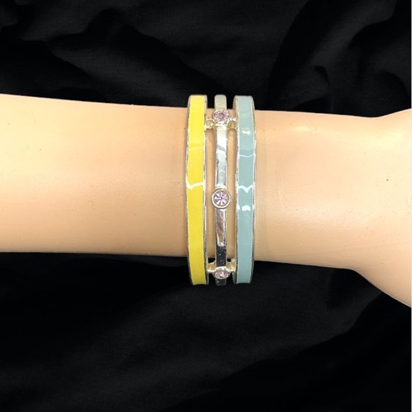Metal Wrist Cuff in Blue, Yellow, and Silver with Pink Rhinestones - Picture 2 of 8